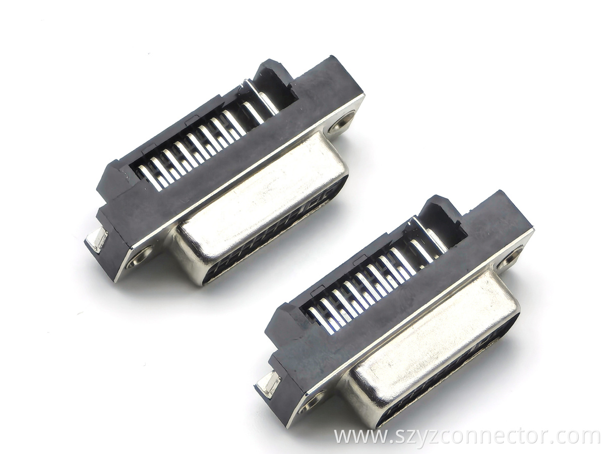 DVI Connector Right Angle DIP Female Black With Selective Gold Plating and Riveting Including Screws 29P DVI Connector Right Angle DIP Female Black With Selective Gold Plating and Riveting Including Screws 29P